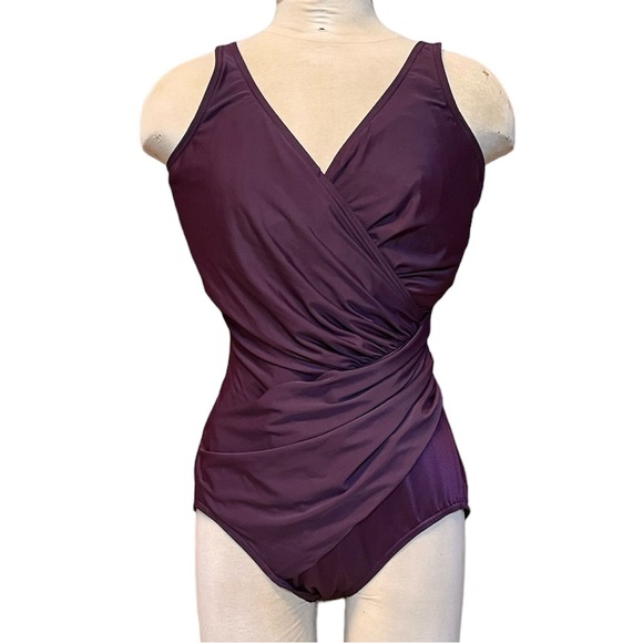 Miraclesuit Swimsuit Plum One Piece Faux Wrap 16 16DD - Picture 2 of 8